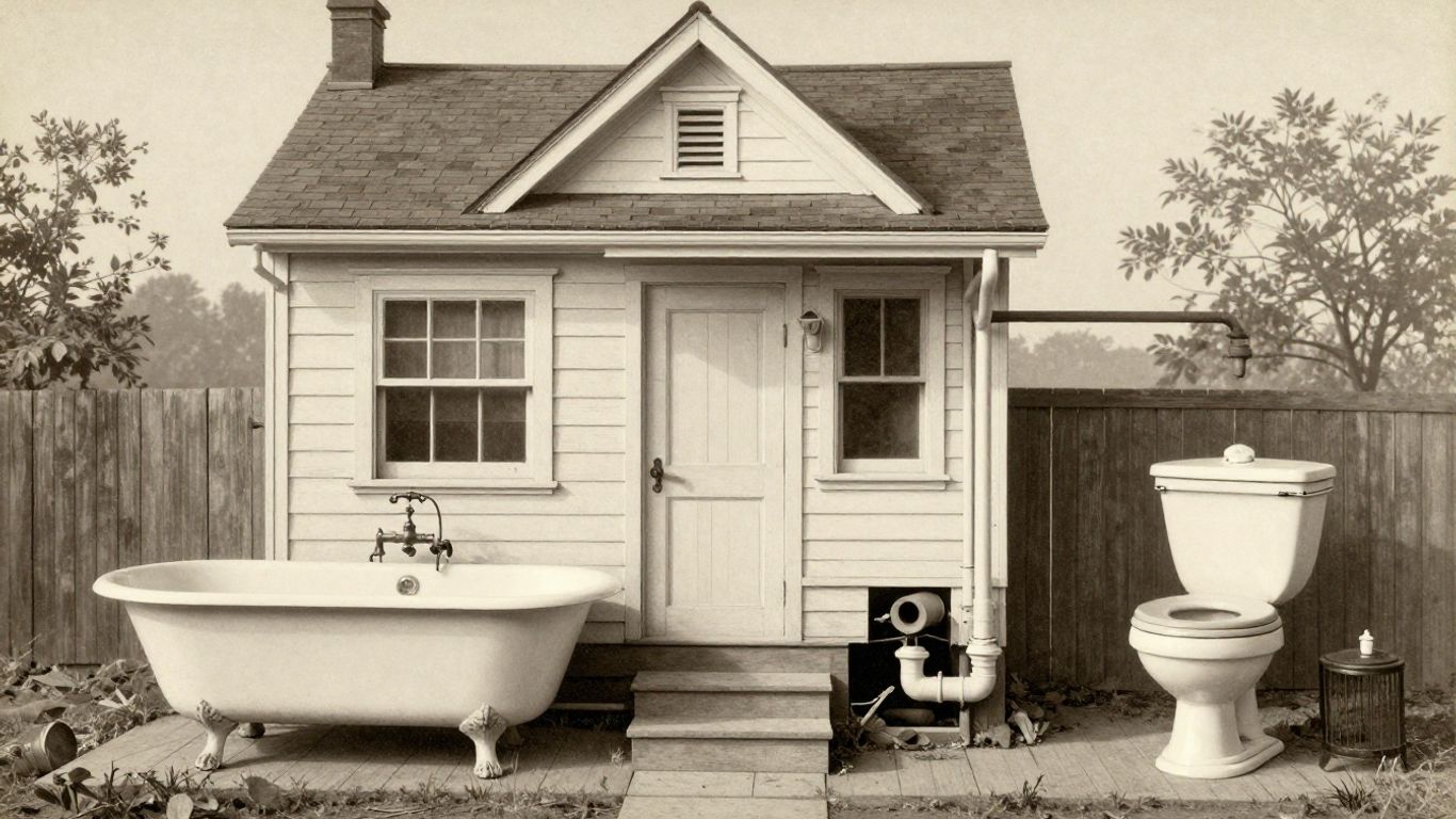 Vintage bathroom with early indoor plumbing fixtures.