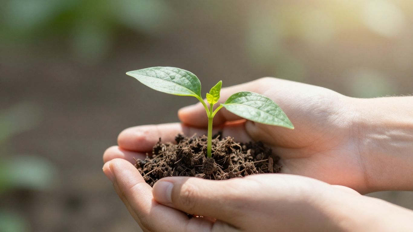 Hands holding a small green seedling.
