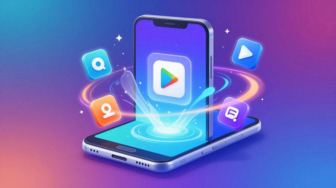 Smartphone with glowing game icons and digital energy.