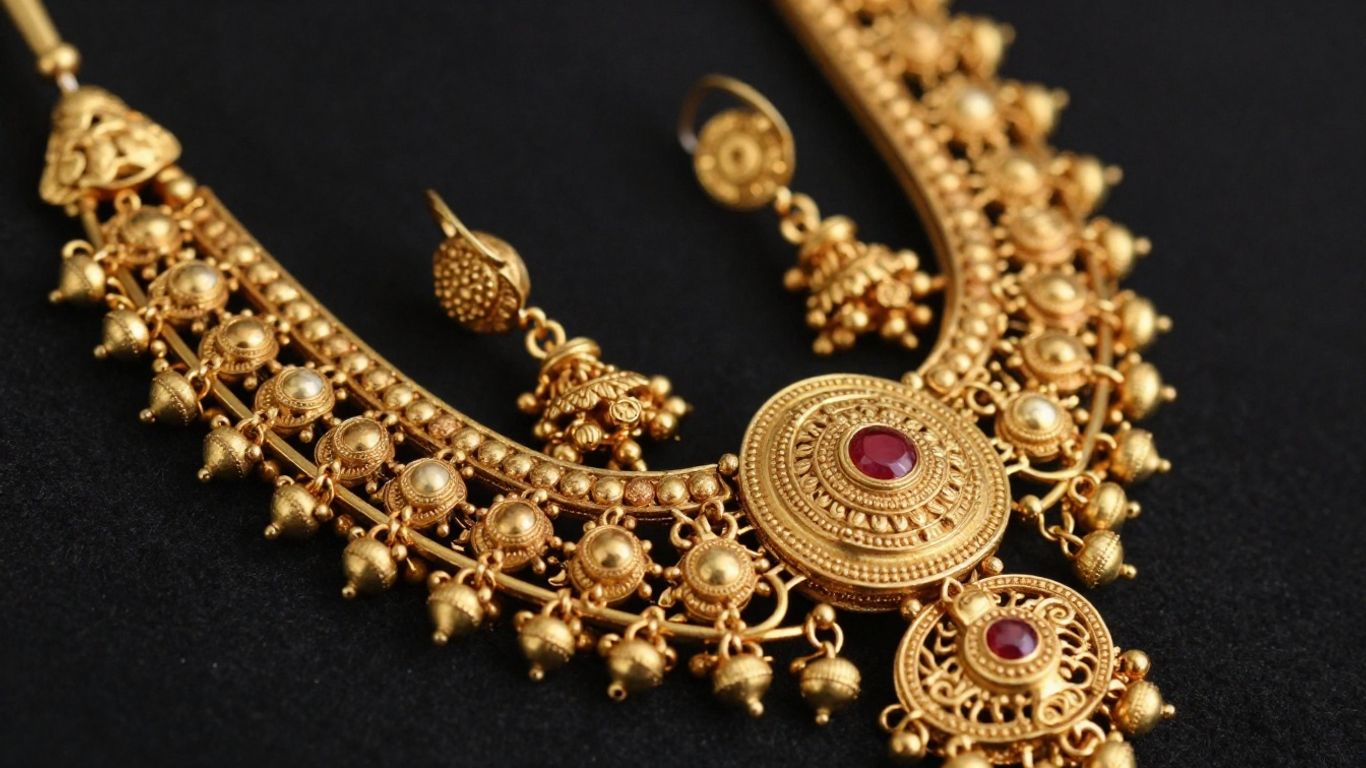 Intricate traditional gold jewellery, close-up, warm lighting.