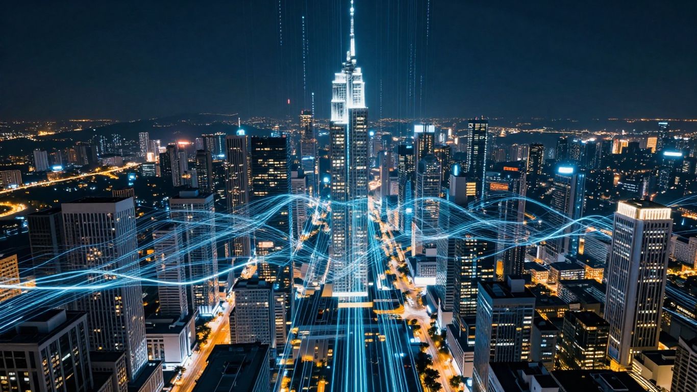 Digital cityscape with glowing code lines and data streams.
