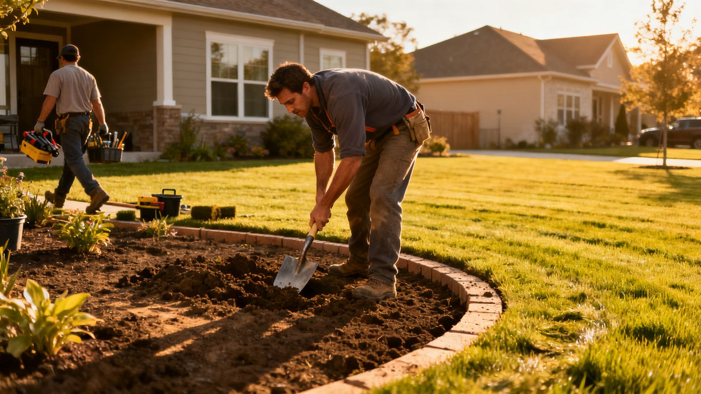 Landscaping crew working in a suburban yard