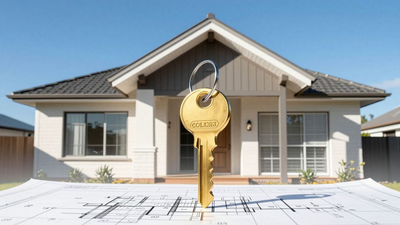 Australian home with golden key and clear sky.