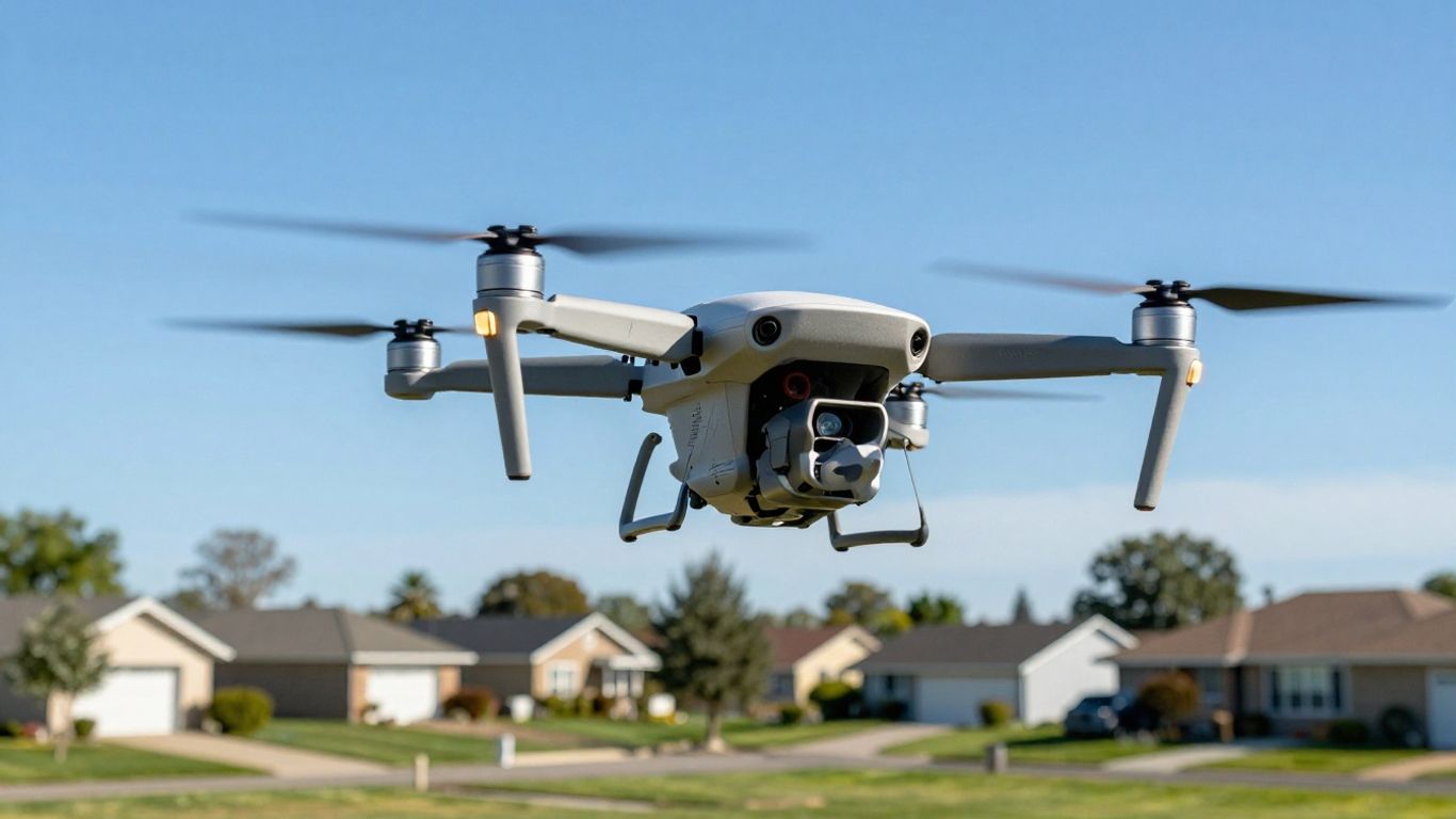 Drone flying over a neighborhood.