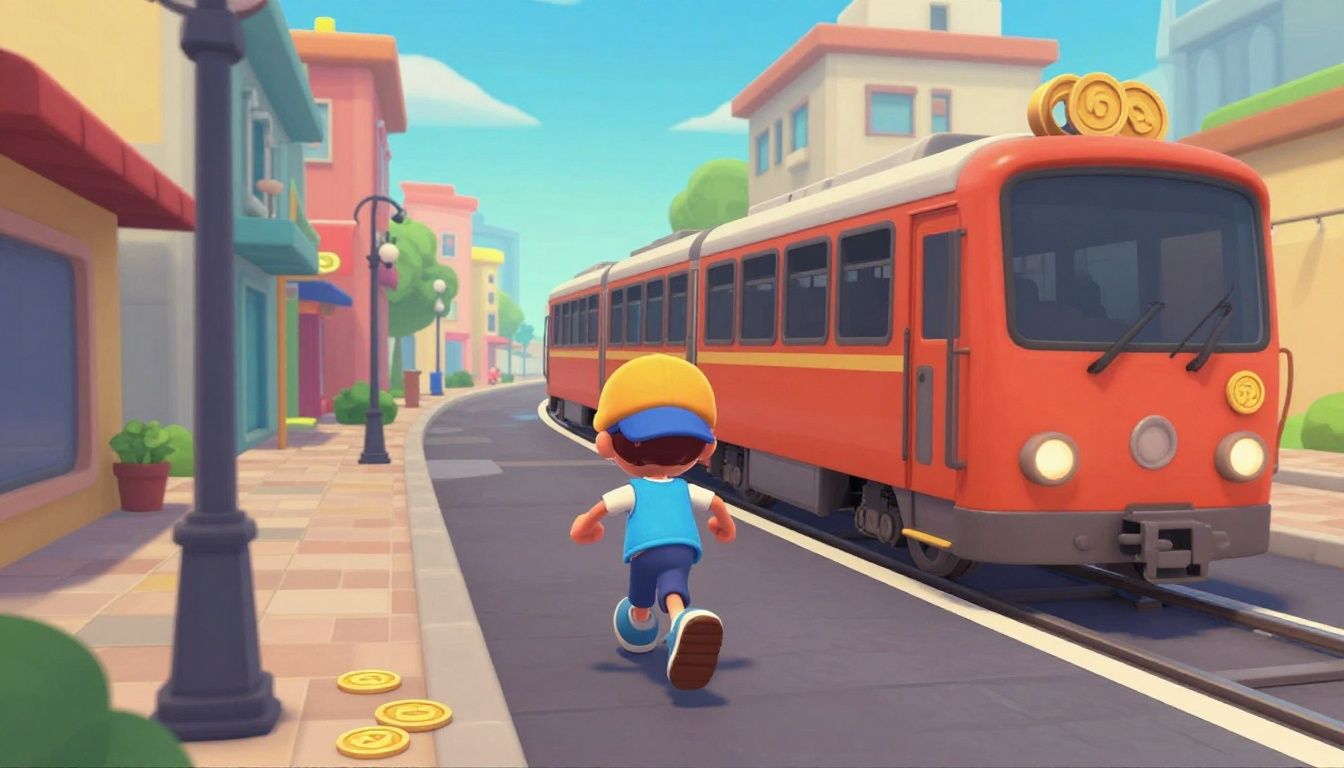 Personagem de Subway Surfers correndo pelos trilhos, desviando de trens e coletando moedas em uma cidade colorida
