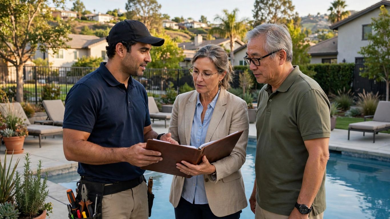 Pool service owner meeting HOA board outdoors