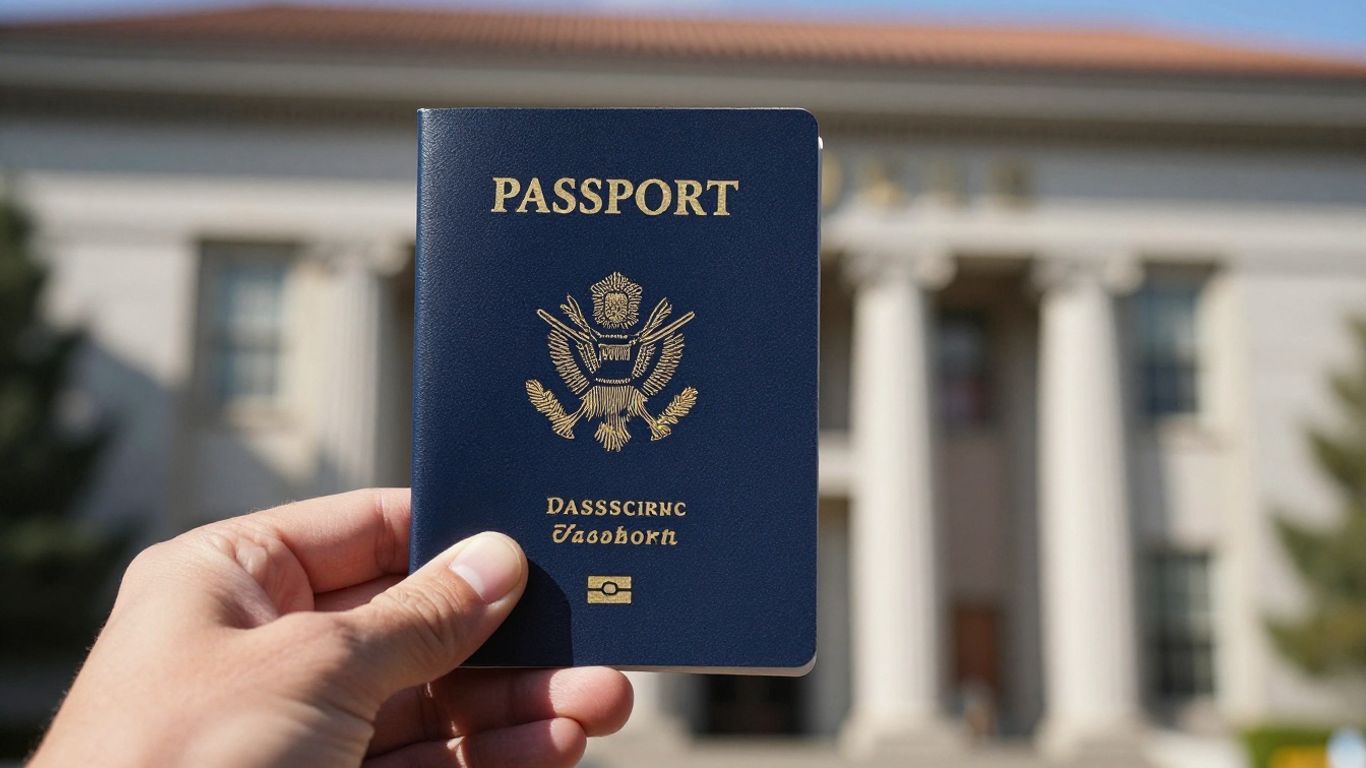 Persona con pasaporte estadounidense ante edificio gubernamental.