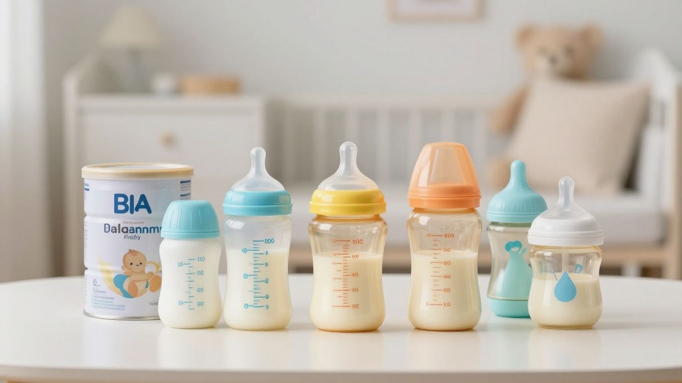 Latas y biberones de leche para bebés en una guardería.