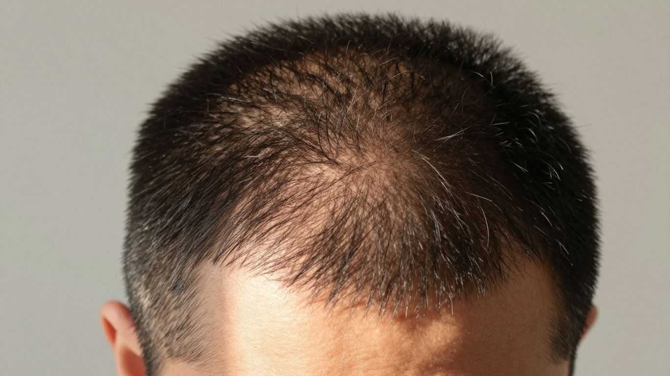 Man with restored hair showing regrowth on crown and hairline.
