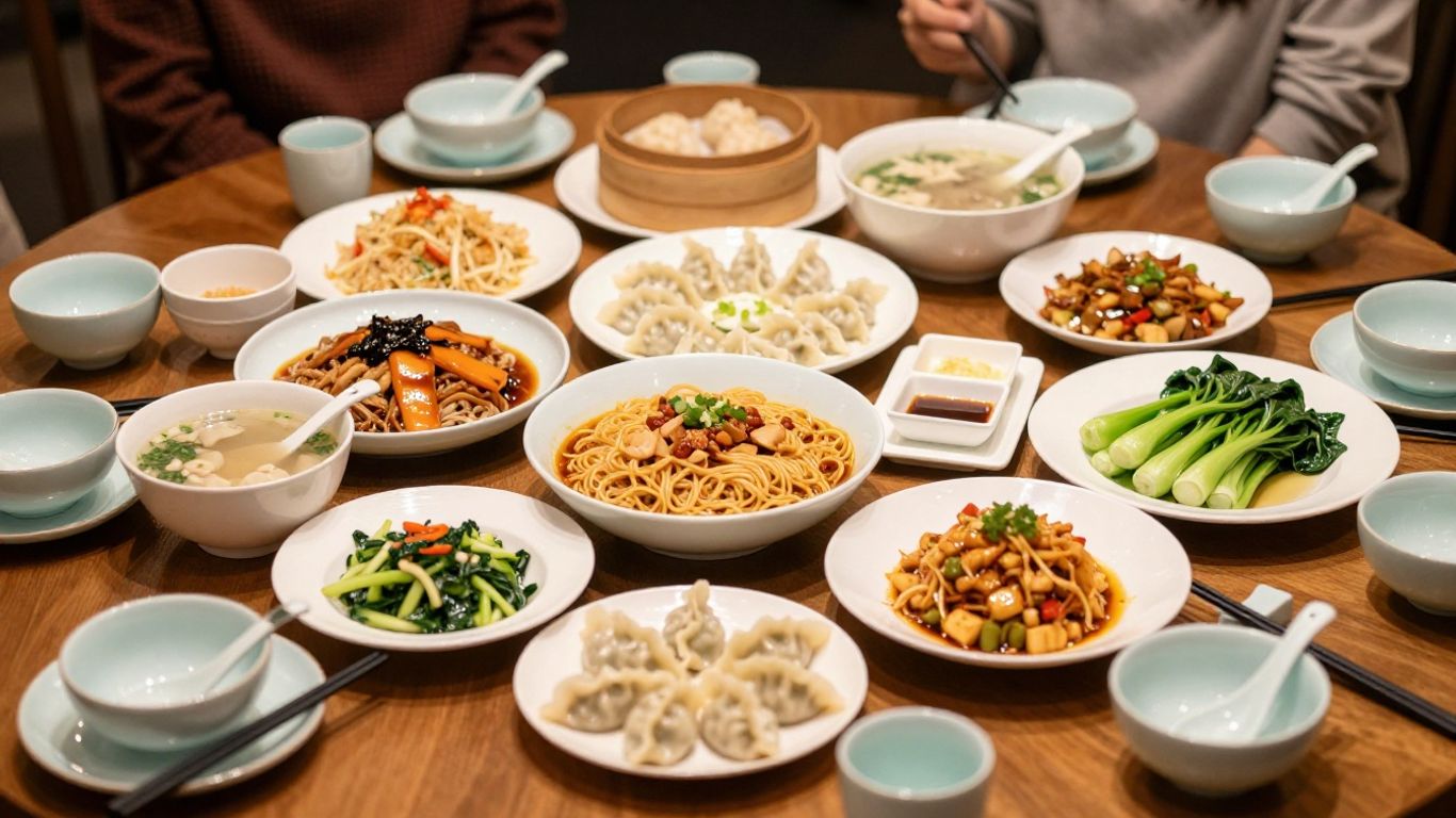 Shared Chinese meal with varied dishes