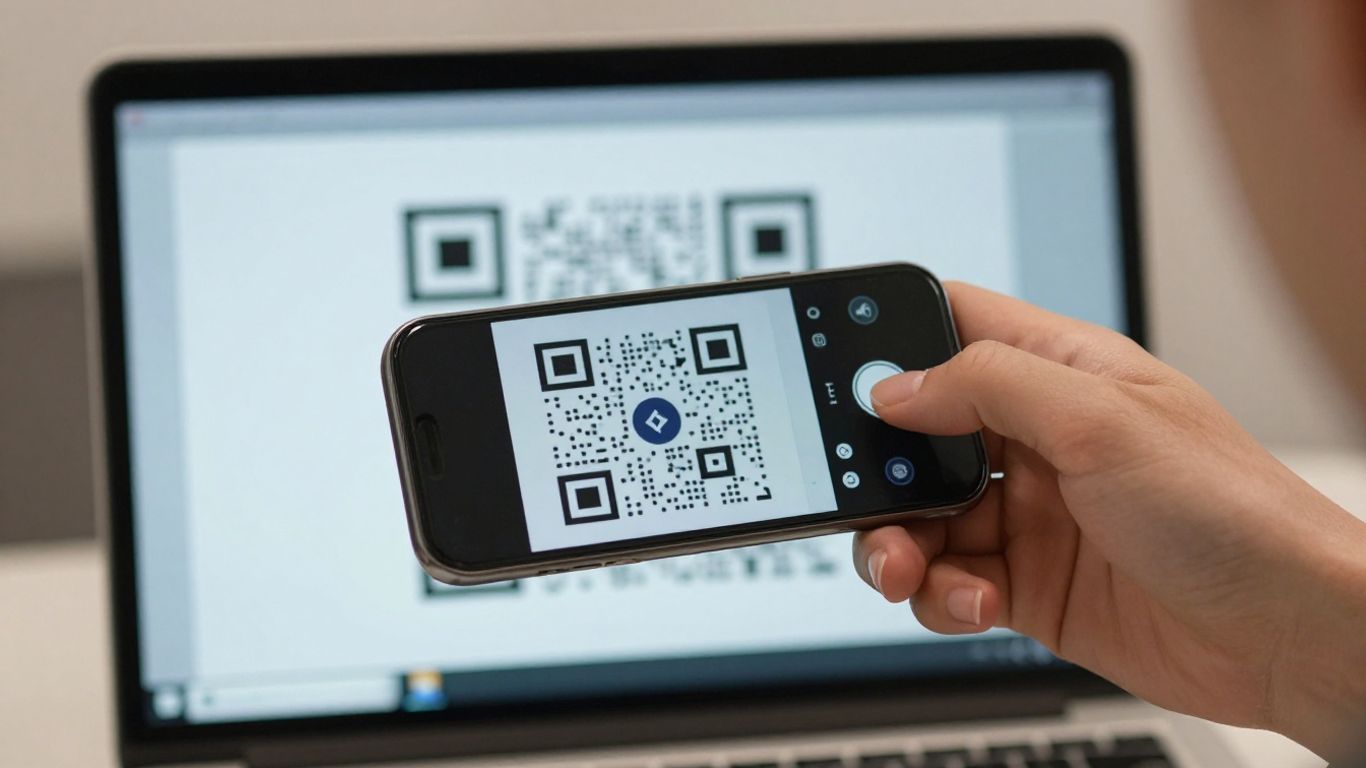 Laptop screen with QR code and smartphone camera.