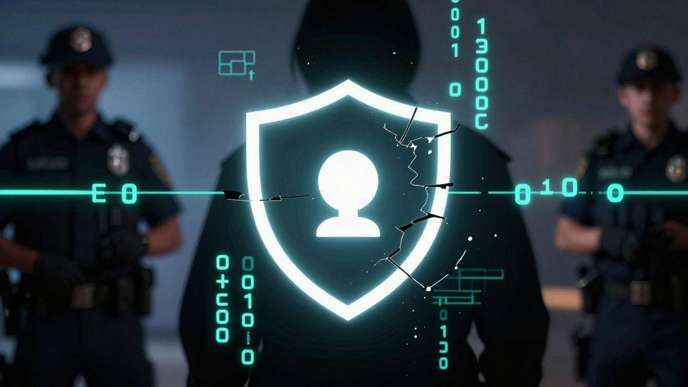 Cybercrime crackdown, broken digital lock, law enforcement apprehending suspect.