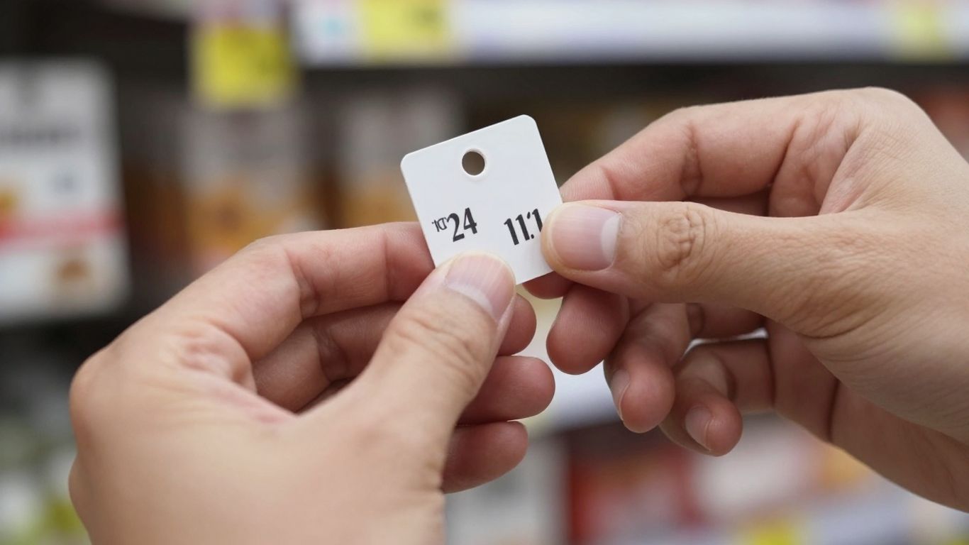Hand adjusting price tag on product, retail strategy