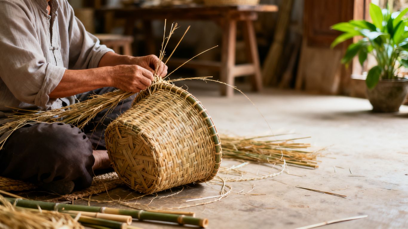 Artisans weaving baskets in a sustainable workshop