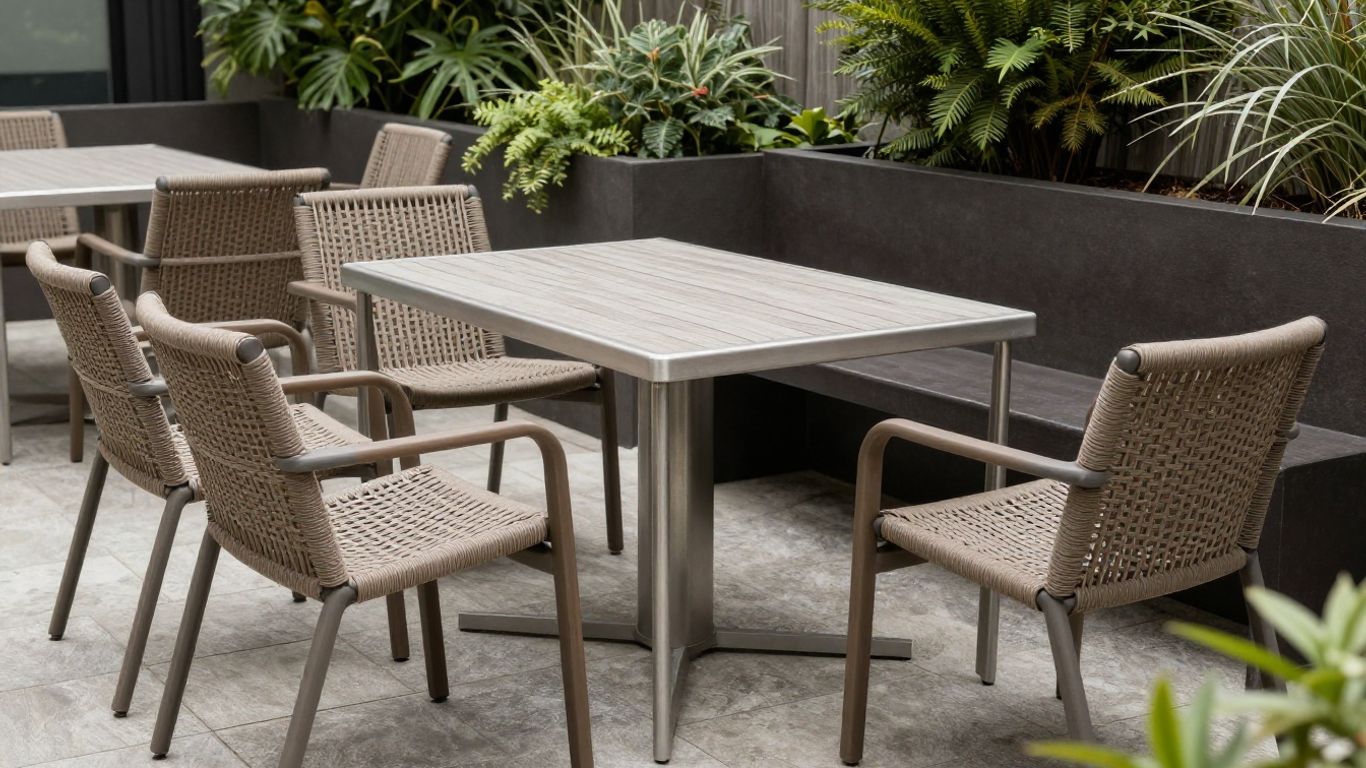 Outdoor furniture materials beside a garden patio