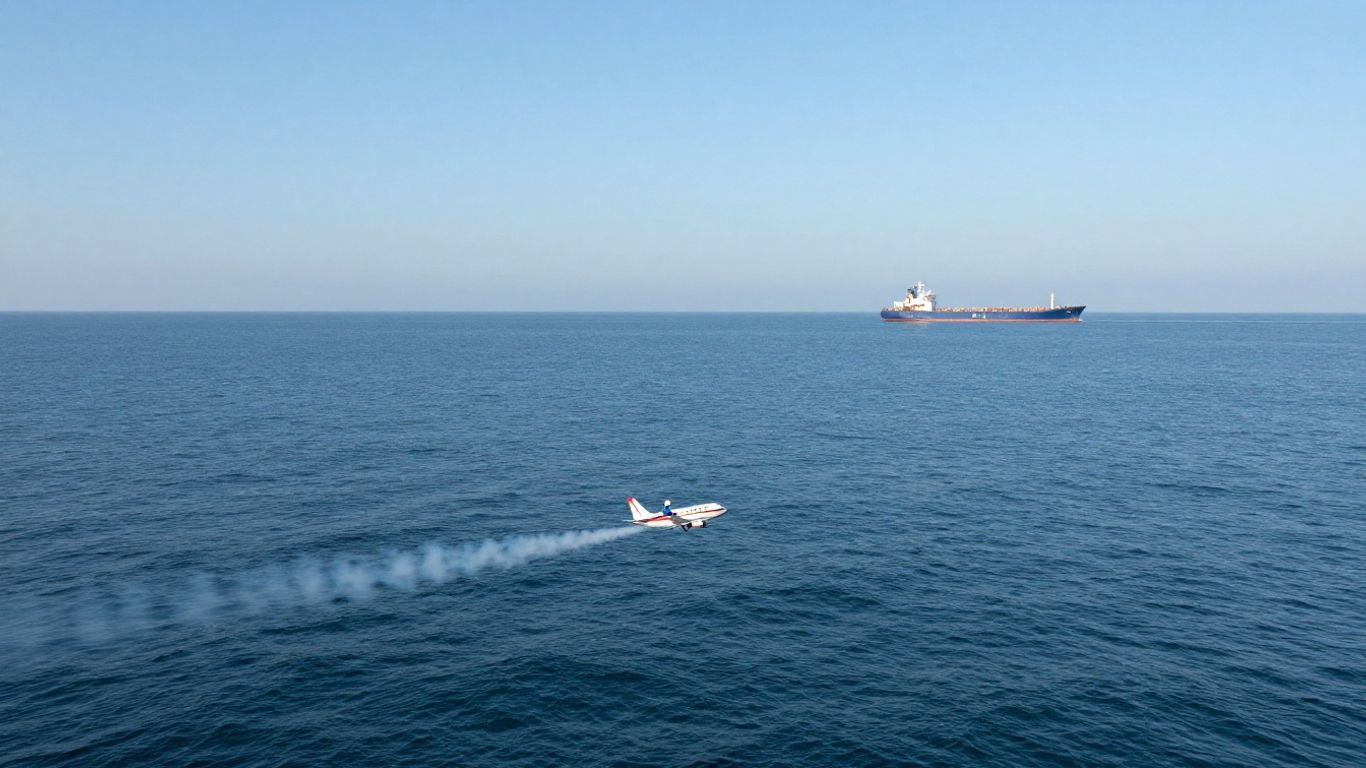 Small plane flying over ocean towards a larger ship.