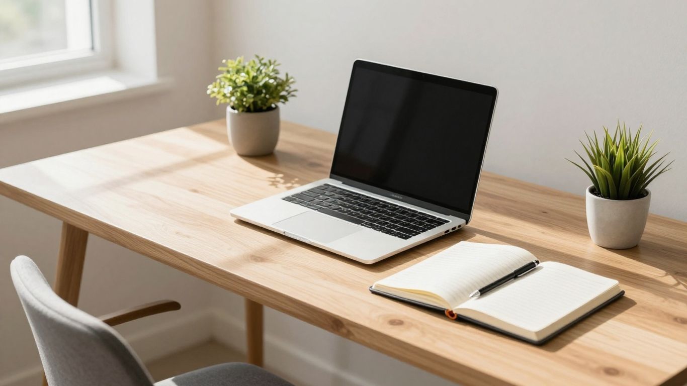A workspace setup for a laptop in a bedroom