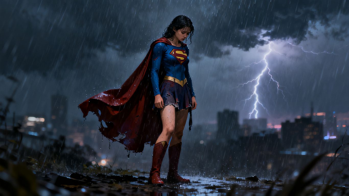 Supergirl looking dejected, grounded, with a stormy cityscape.