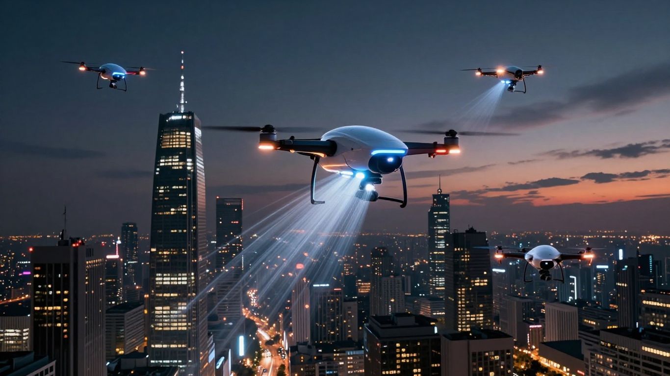 Futuristic drones in action over a city at dusk.