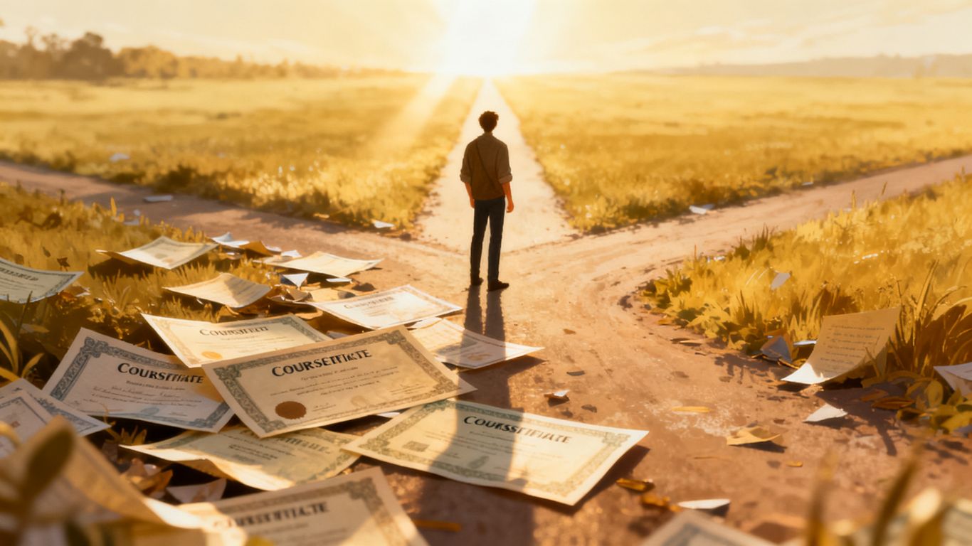 Person choosing a path away from scattered course certificates.