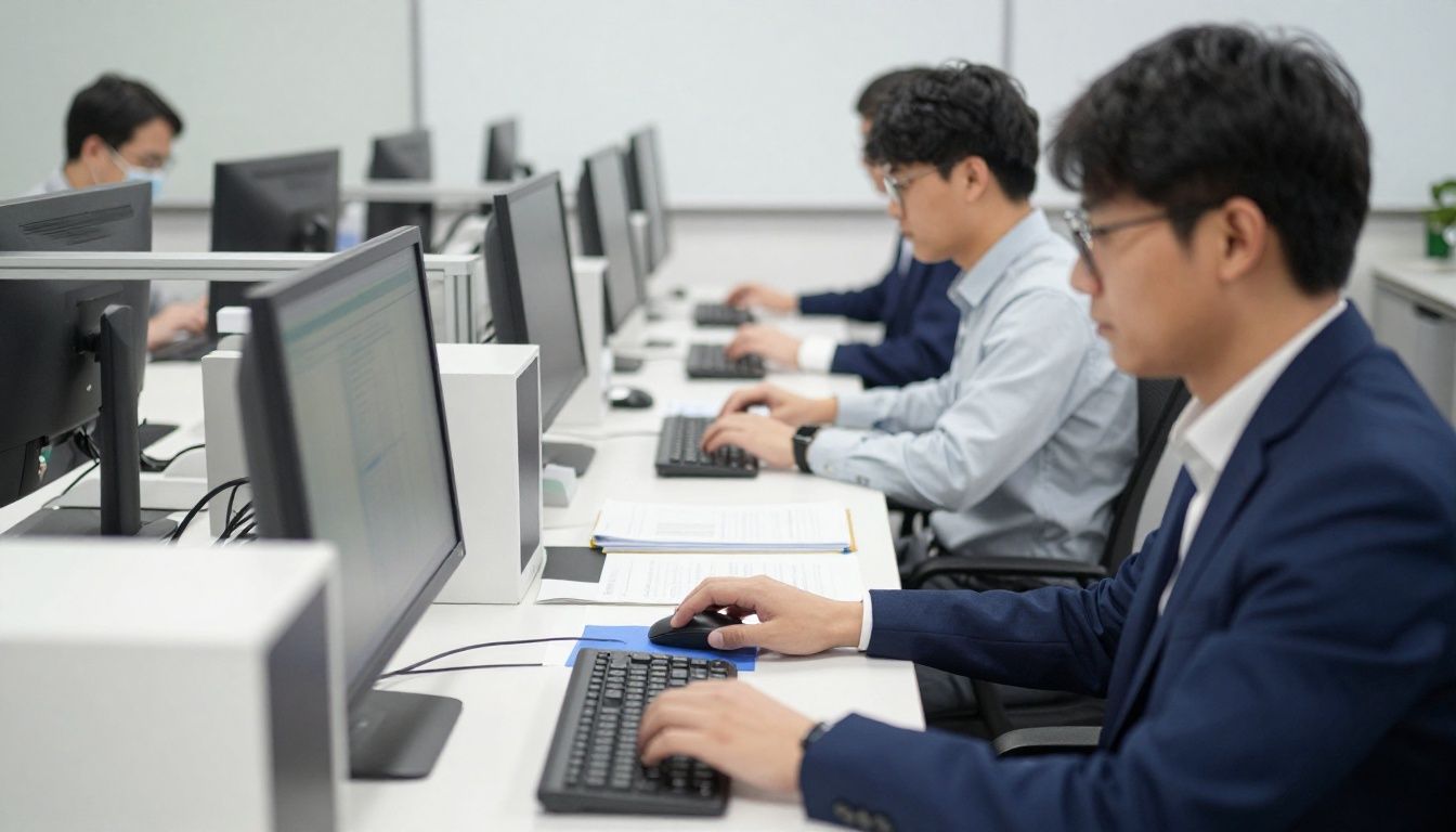 Equipe trabalhando em escritórios modernos, organizando arquivos e utilizando computadores em um ambiente colaborativo