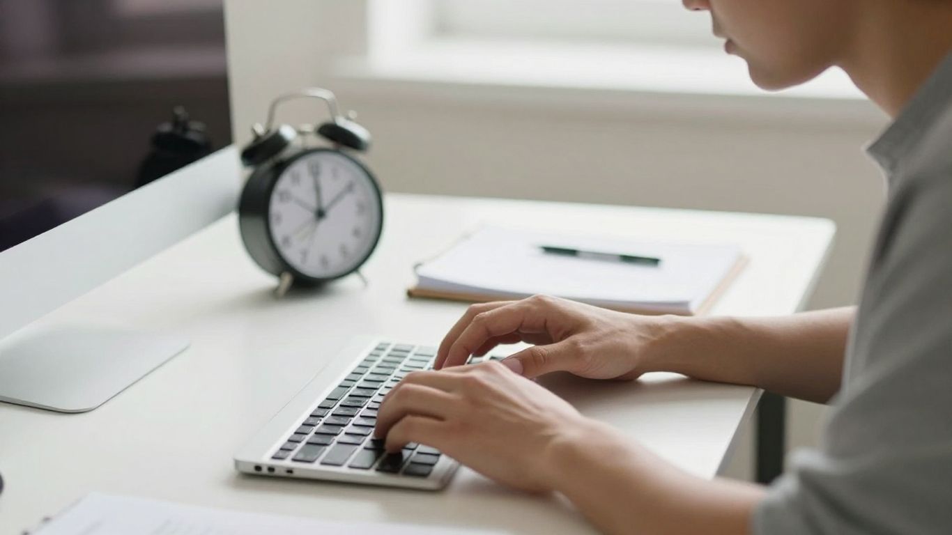 Person working intently with a timer nearby.