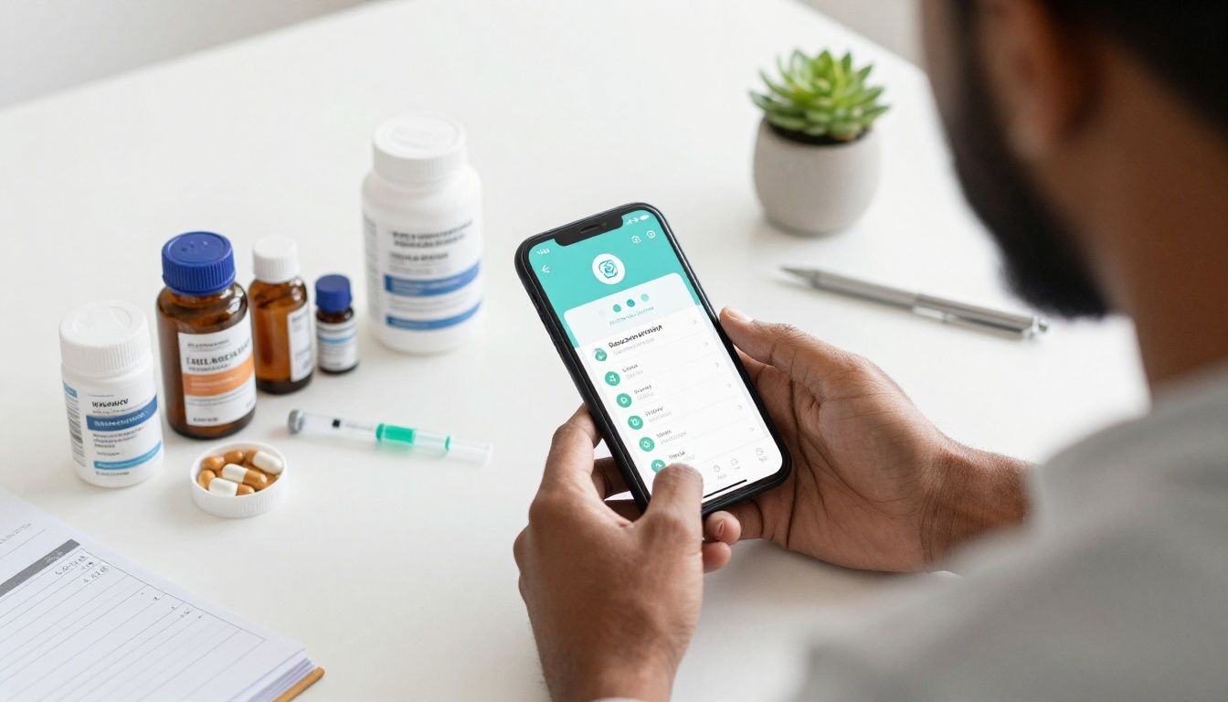 Bright modern health-tech scene with a diverse American adult reviewing an organized injection and wellness tracking app beside neatly arranged medical supplies, supplements, lab notes, and fitness recovery items; realistic, clean, no text or logos