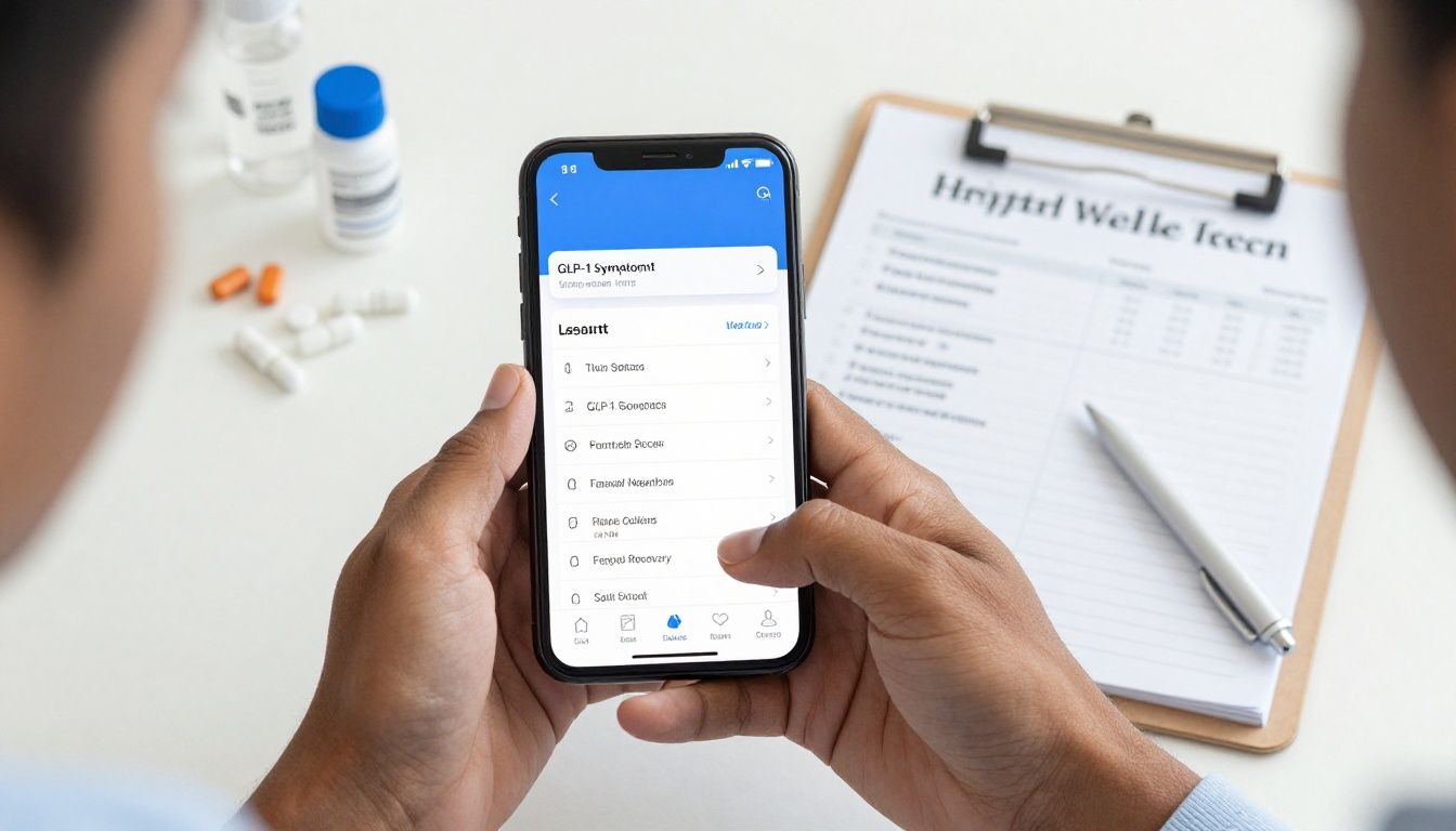 Bright modern health-tech scene showing a diverse U.S. adult reviewing GLP-1 treatment symptoms, hydration, nutrition, lab results, and fitness recovery trends on a smartphone beside an organized wellness planner and supplements; realistic natural lighting, clean contemporary setting, no text, no logos, no medical procedure