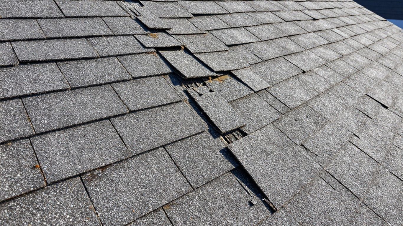 Damaged asphalt shingle roof needing expert repair.