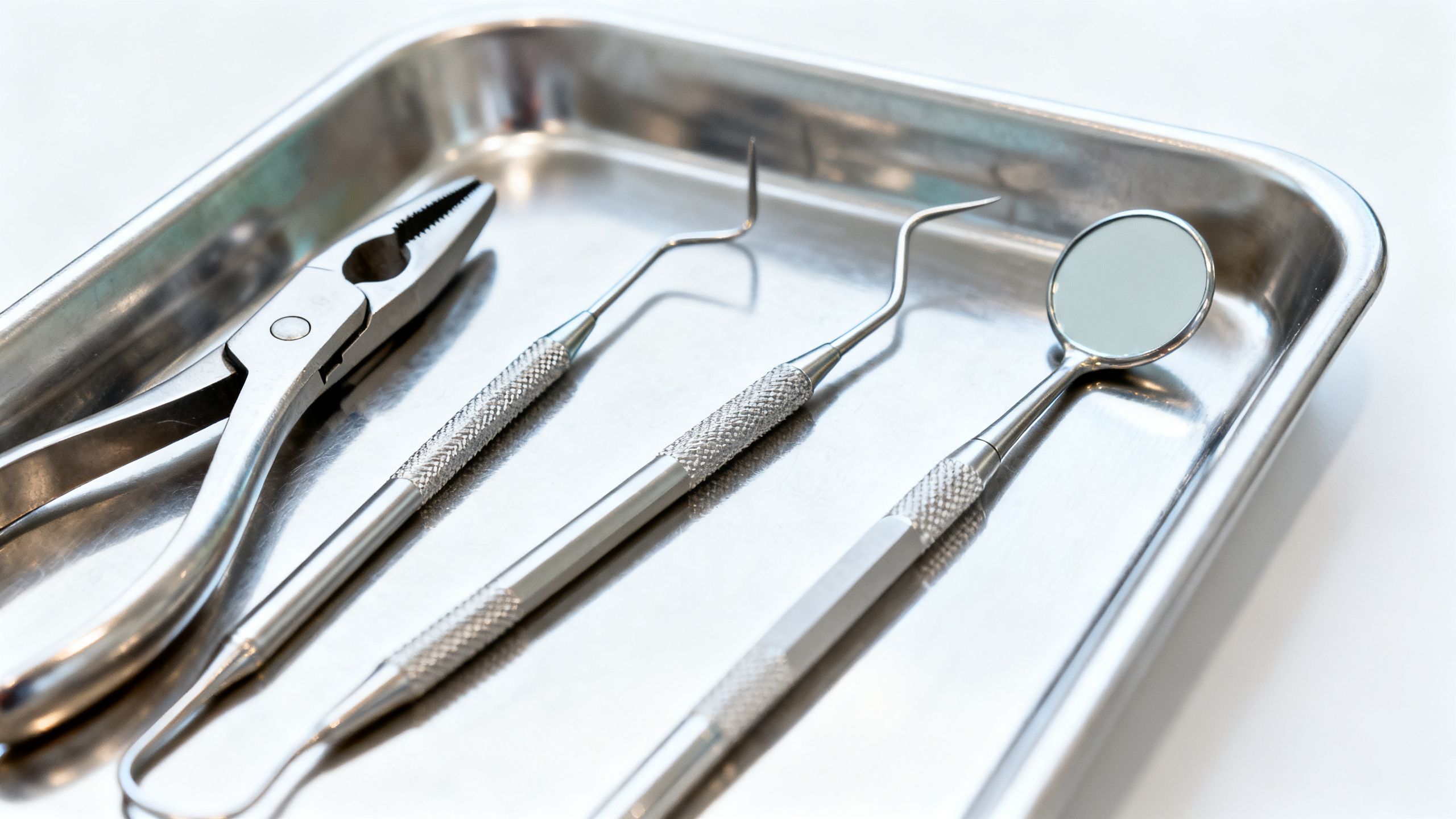 A close-up of dental tools on a tray, representing the equipment used for emergency dental procedures.