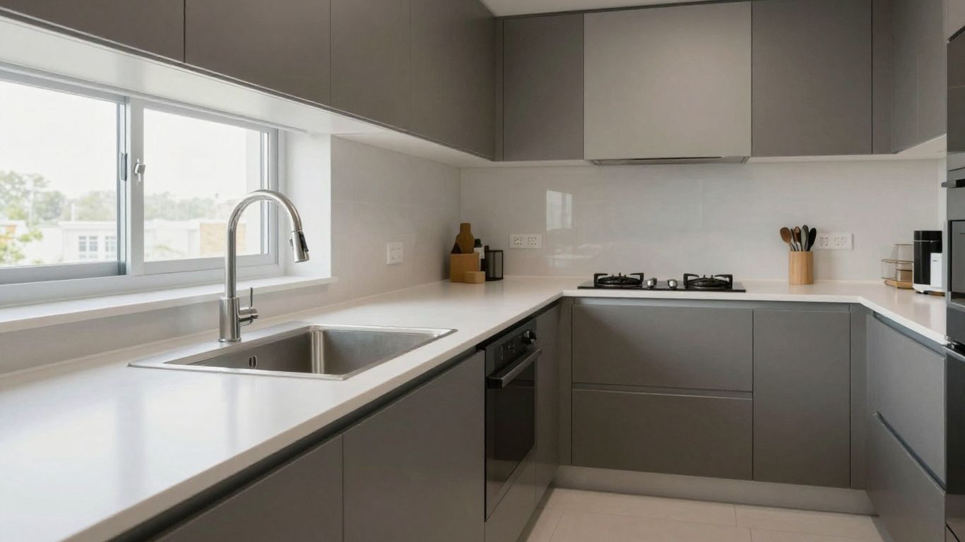 Moderne Küche mit Arbeitszonen und viel Stauraum.