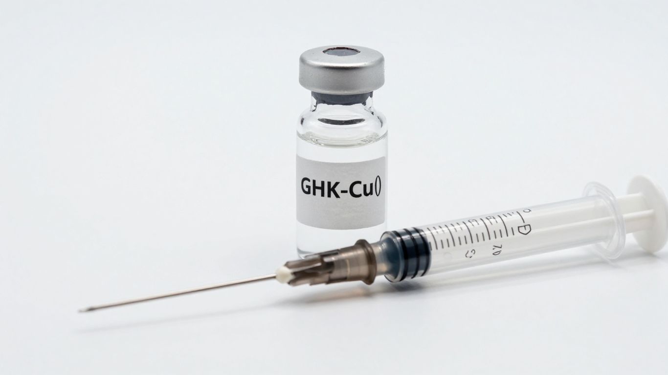 GHK-Cu peptide vial and syringe for injection.
