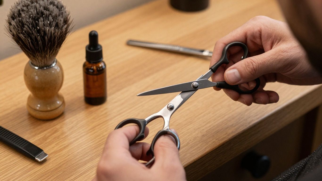 Barber trimming a beard with scissors and oil.