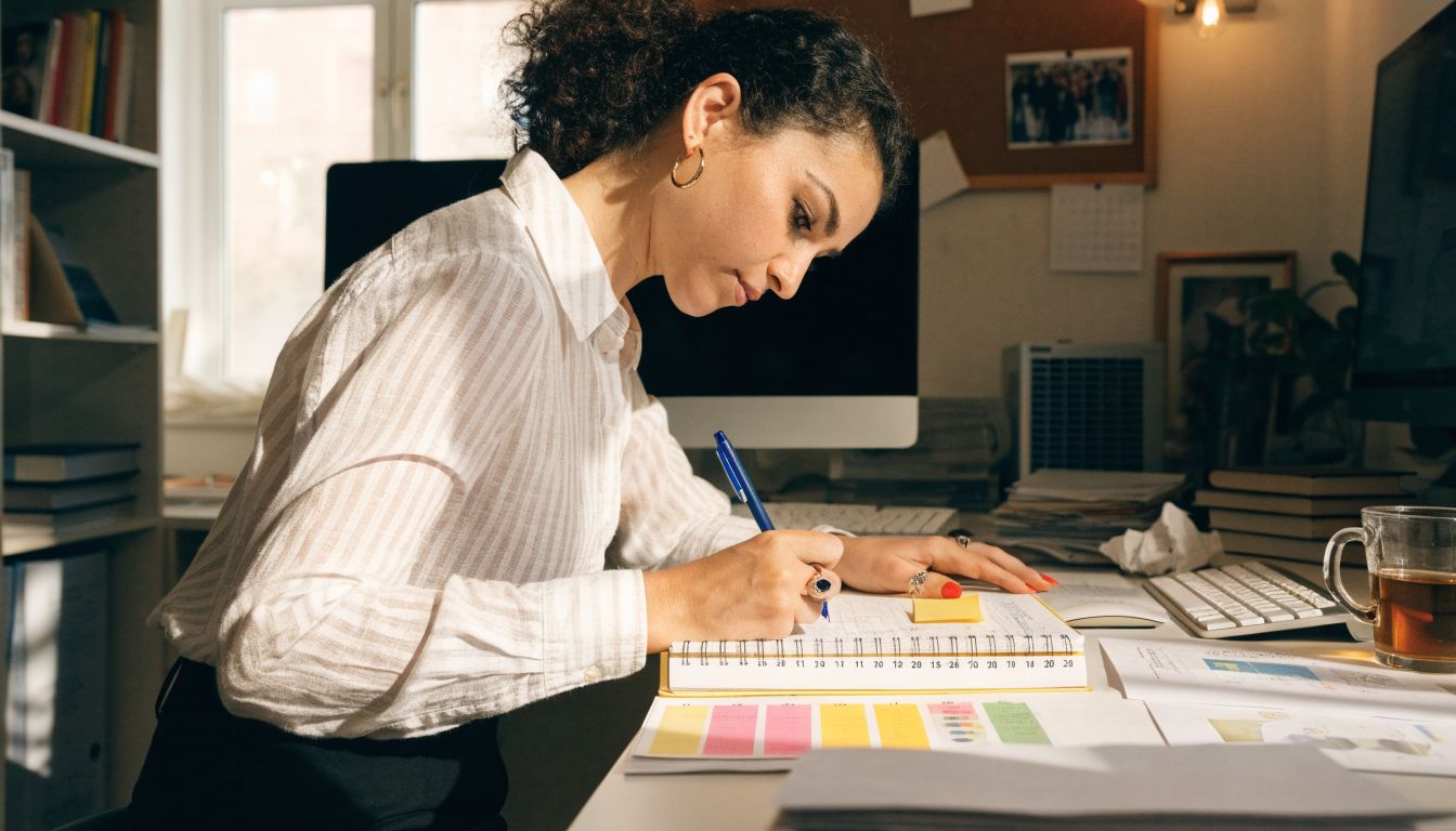 Profissional organizando tarefas em uma agenda e escolhendo prioridades em um ambiente de trabalho