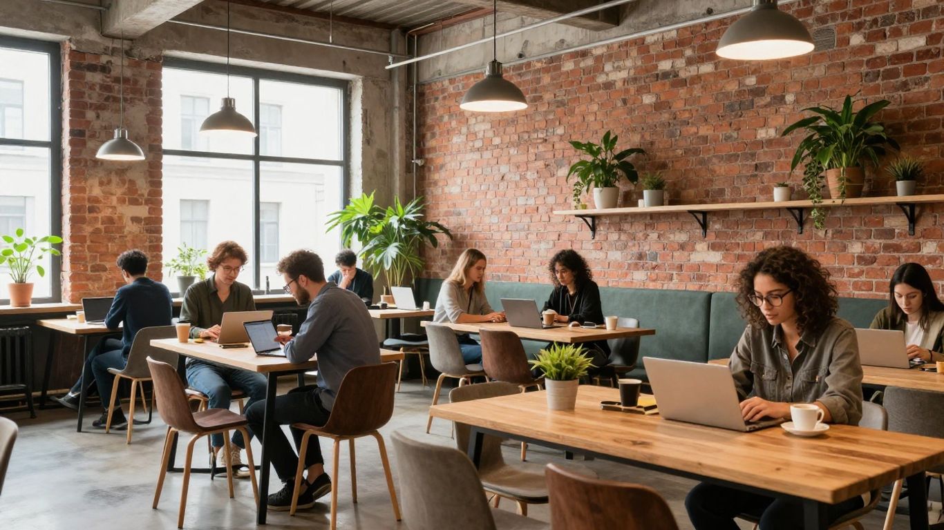 Co-working cafe scene in a historic German building