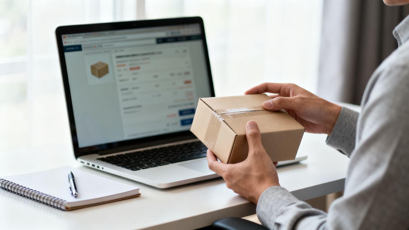 Seller reviewing product keywords beside a laptop