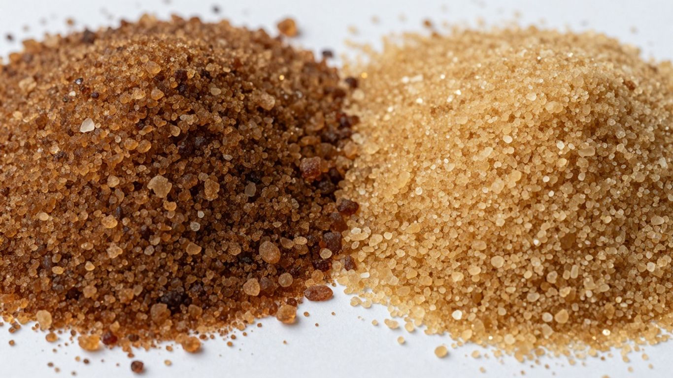 Brown sugar and palm sugar side-by-side.