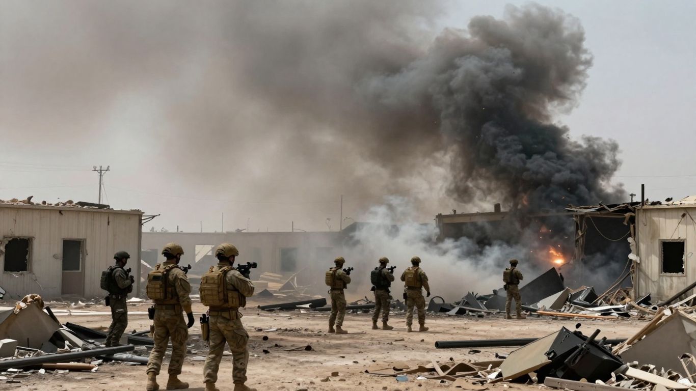 Damaged US military base after drone strike, smoke rising.
