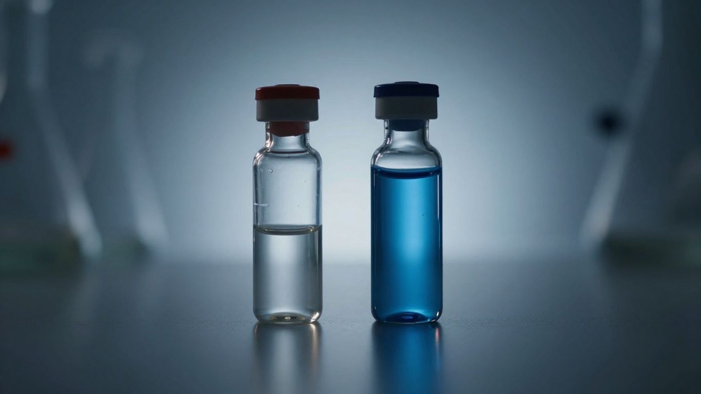 Two vials of nootropics, Selank and Semax, with glowing light.