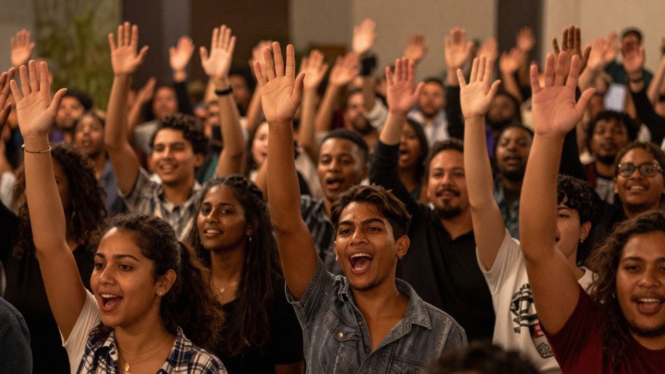 People celebrating together, raising hands in unison.
