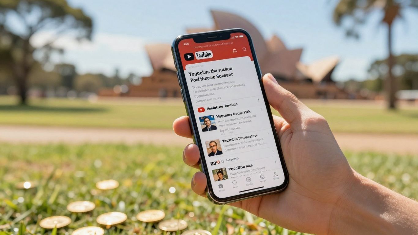 Person with phone showing YouTube, Australian landscape, gold coins.