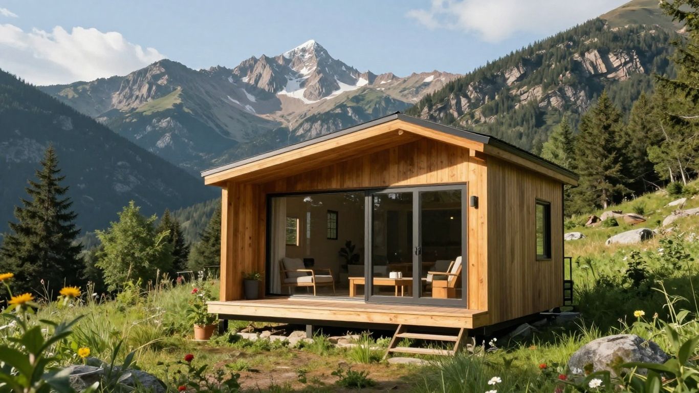 Tiny home with Rocky Mountains backdrop.
