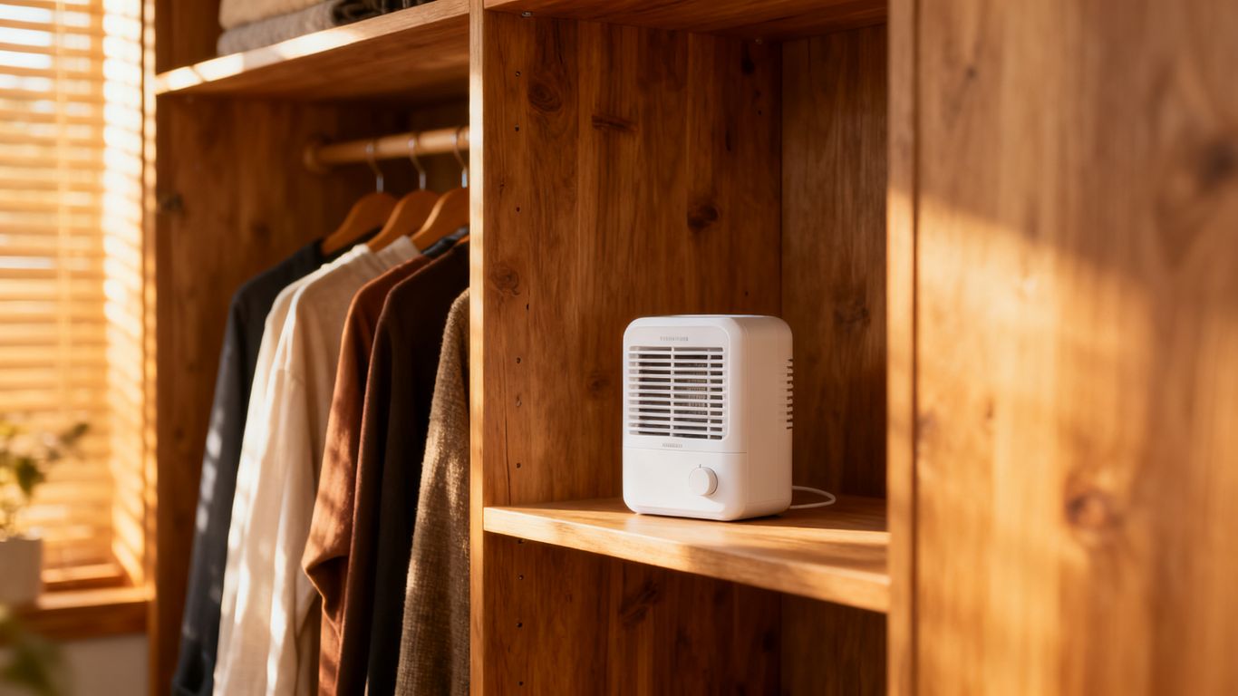 Interior view showing a dehumidifier placed inside wardrobe storage