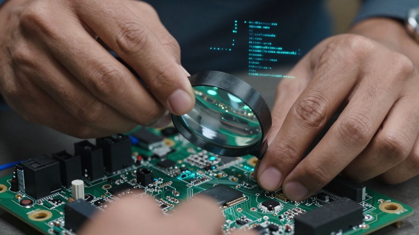 Manos examinando circuito con lupa, código digital.