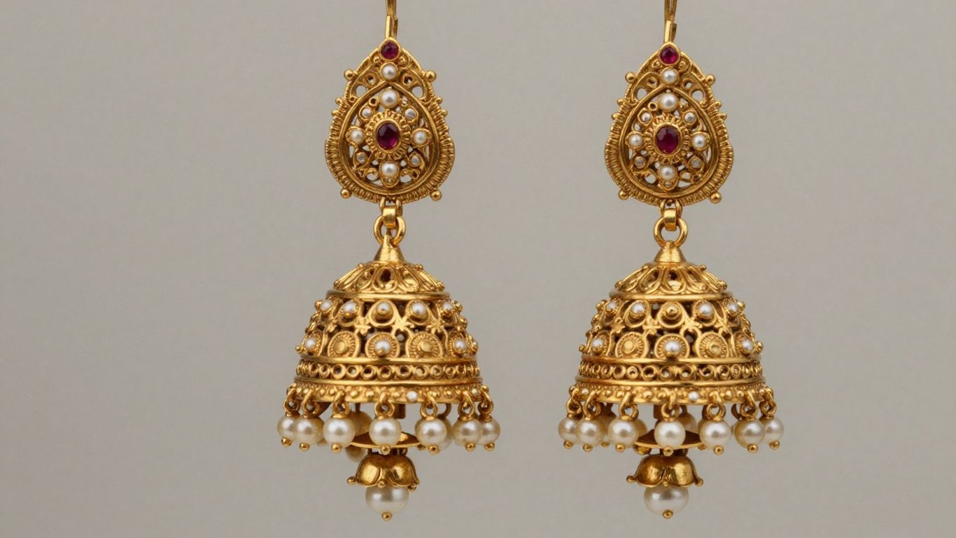 Traditional Indian jhumka earrings with intricate gold design.