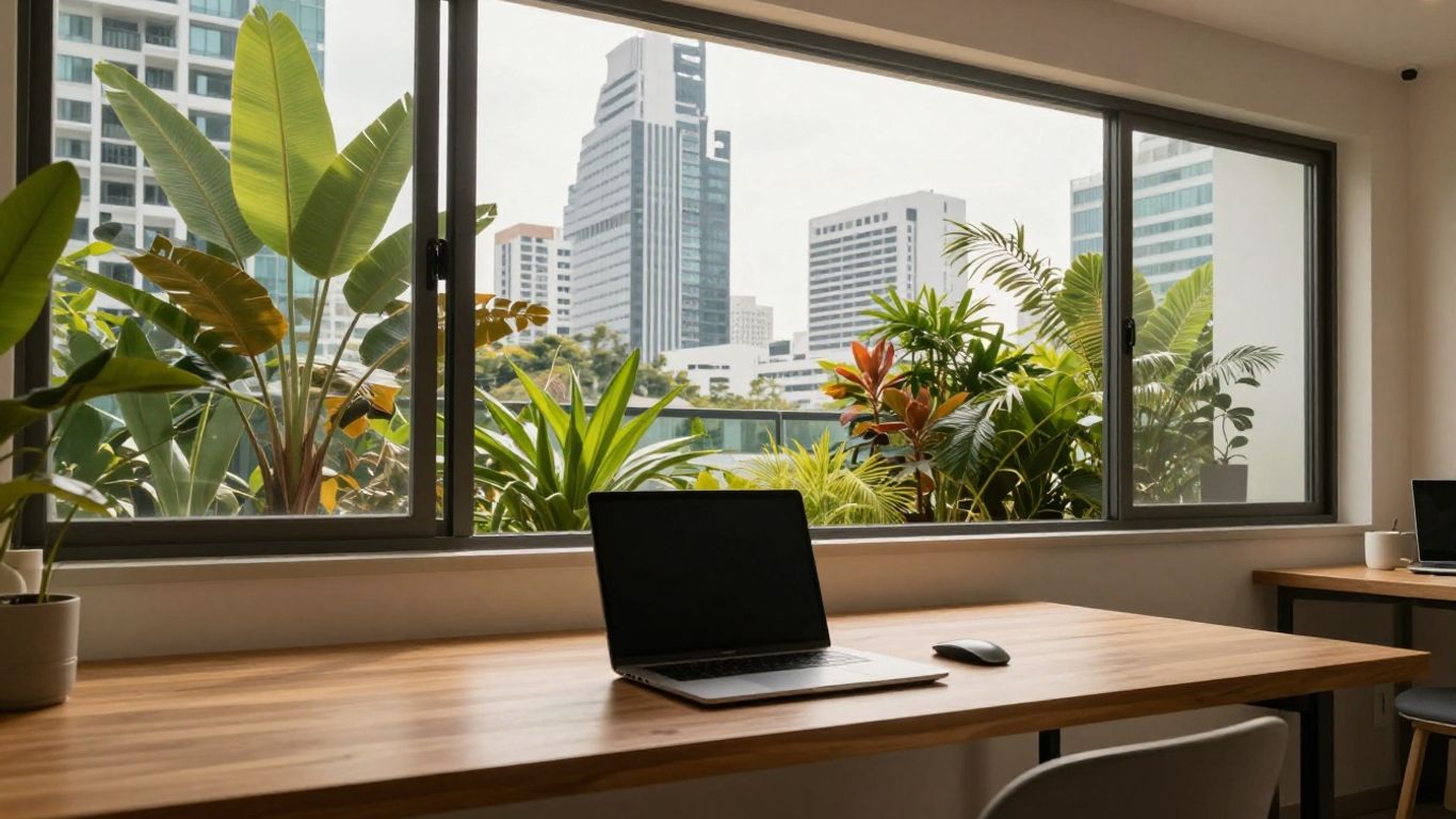 Bangkok street and laptop workspace