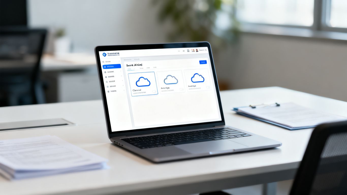 Ein moderner, minimalistischer Schreibtisch mit einem Laptop, der ein gesichertes, cloudbasiertes Archivierungssystem anzeigt.