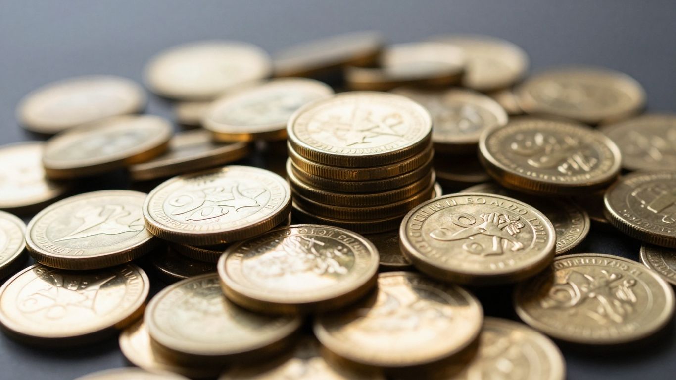 Pièces d'or brillantes empilées et dispersées.