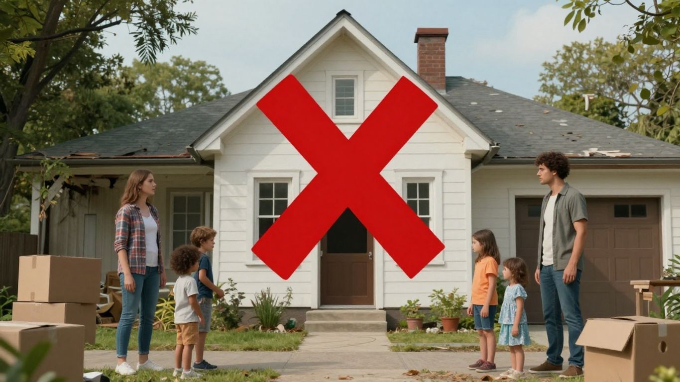 Casa inhabitada con familia preocupada afuera.