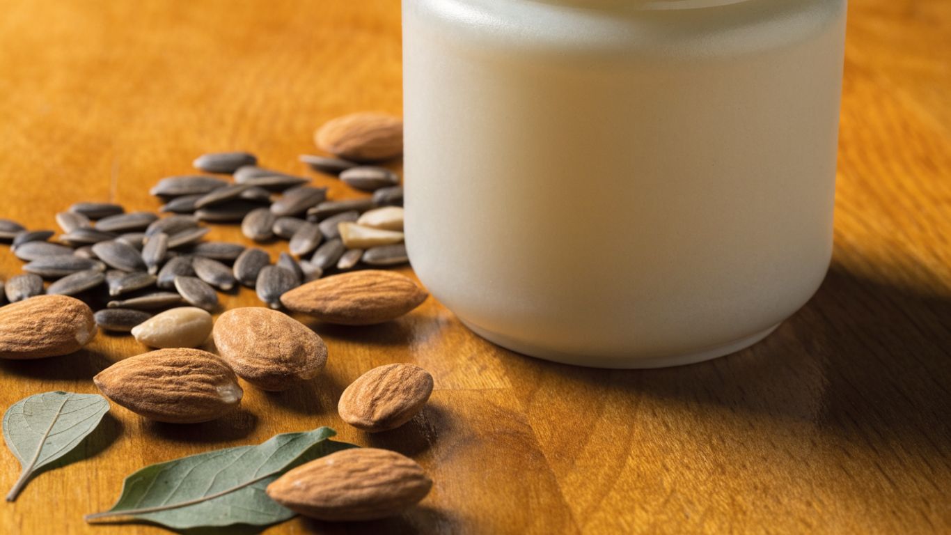 Almonds and sunflower seeds arranged near a cream jar